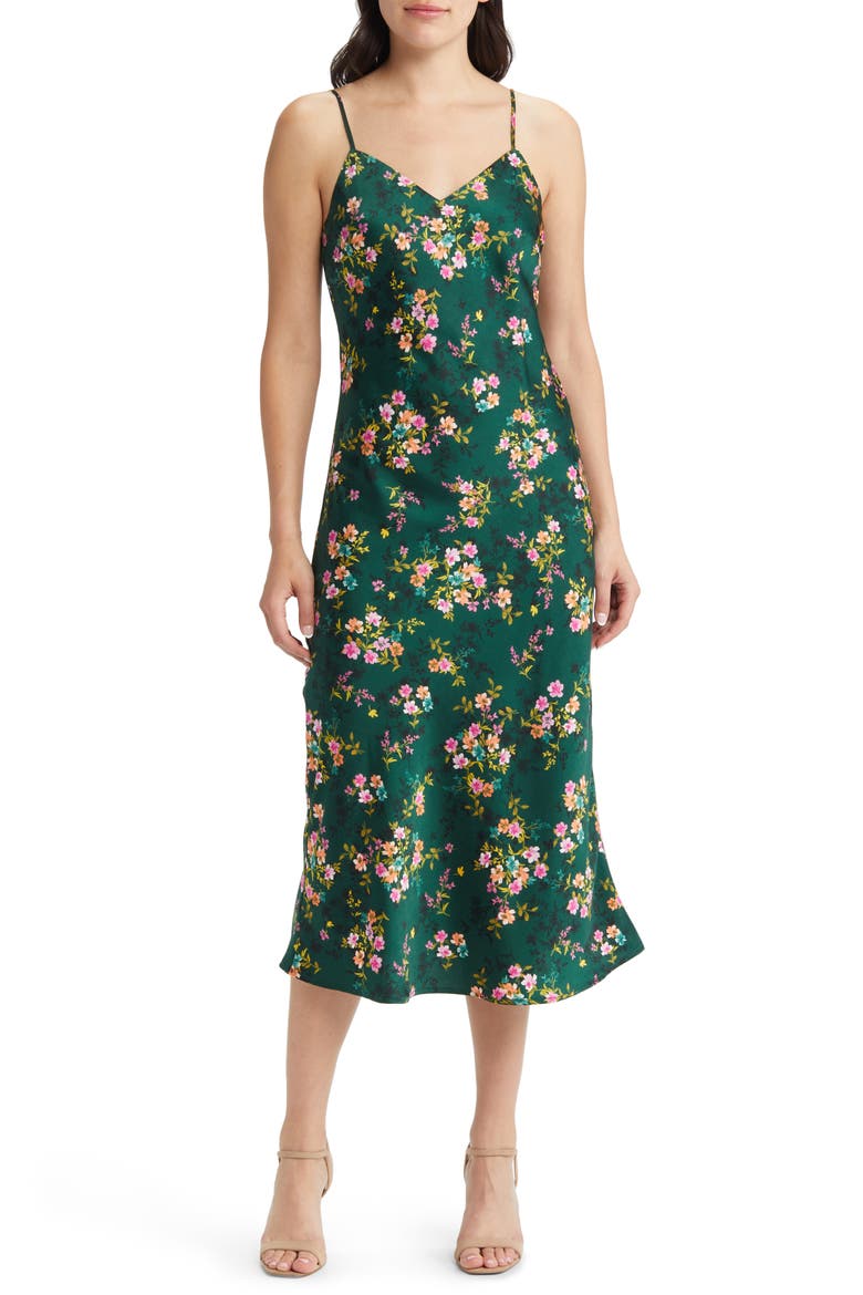 Sarah Floral Print Midi Slipdress, Main, color, FOREST GREEN