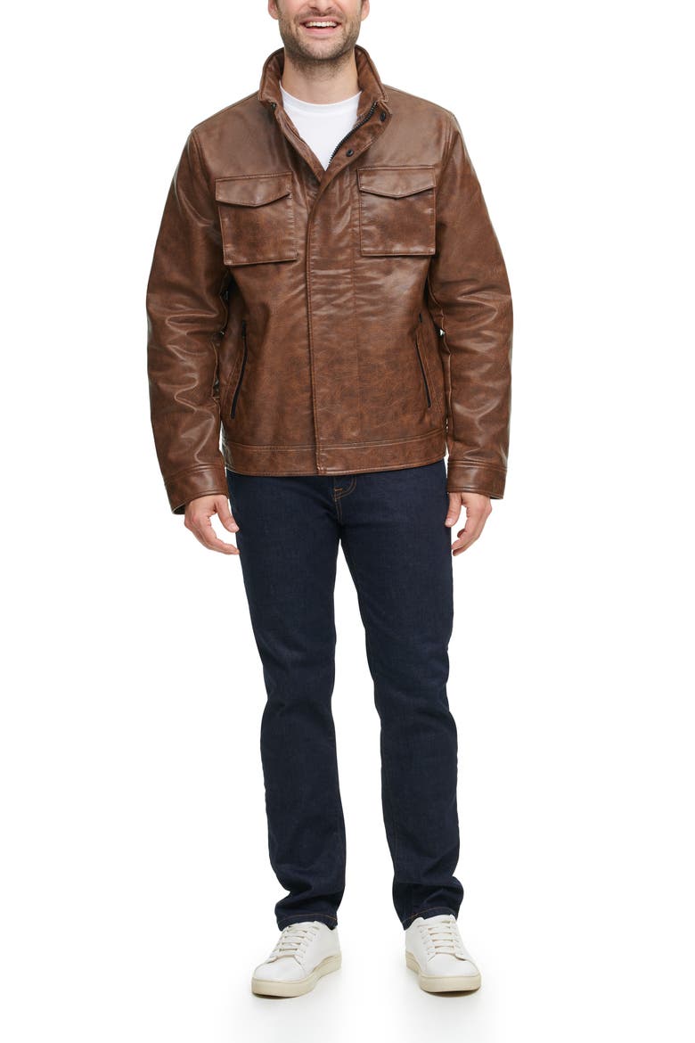 Water Resistant Faux Leather Military Jacket, Alternate, color, SADDLE
