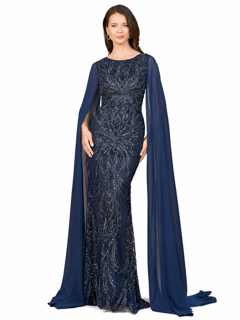 High Neck Gown with Chiffon Cape Sleeves