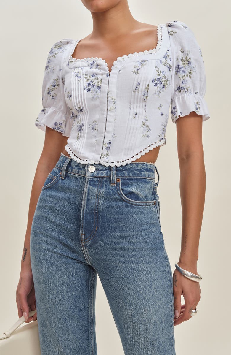 Reformation Simmie Floral Puff Sleeve Linen Crop Top, Main, color, 