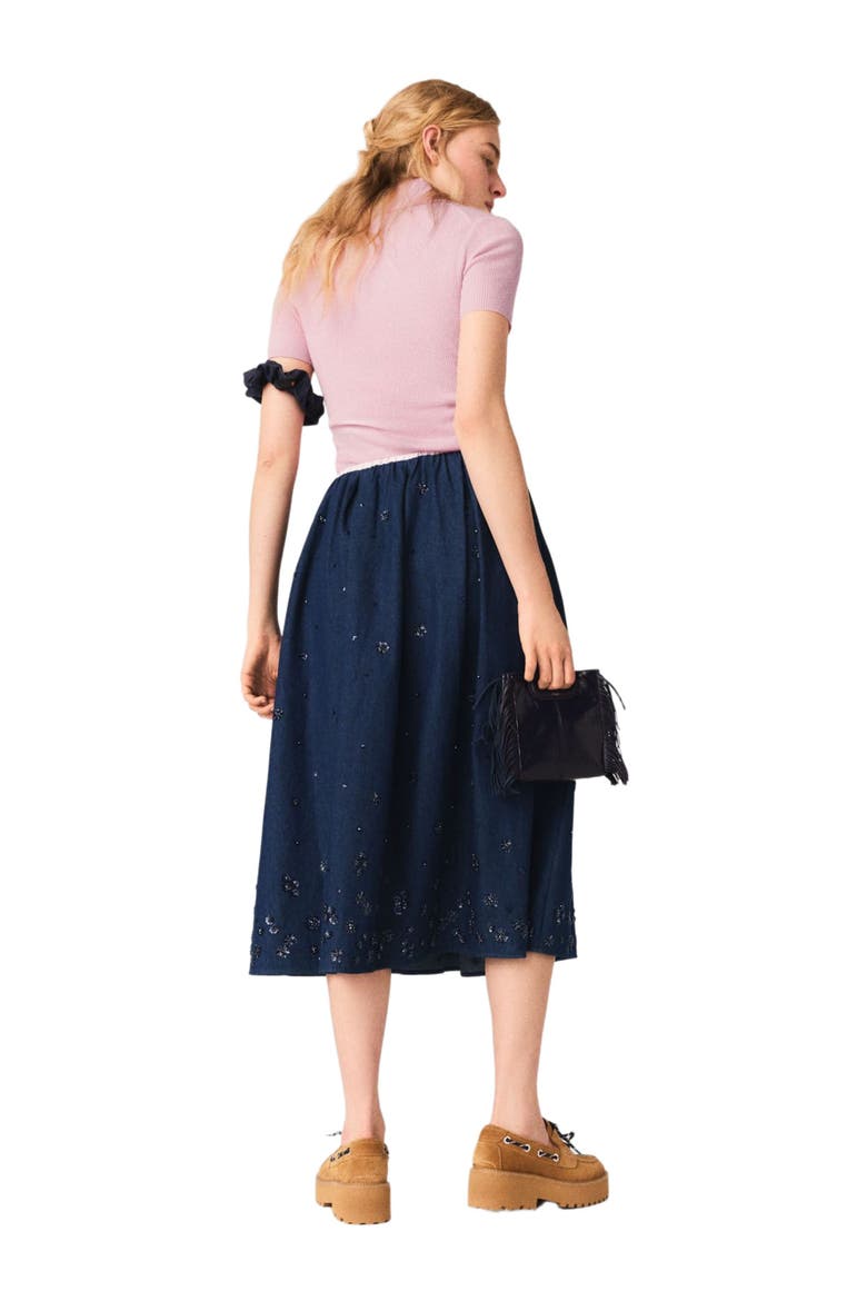 Embroidered denim midi skirt, Alternate, color, Navy
