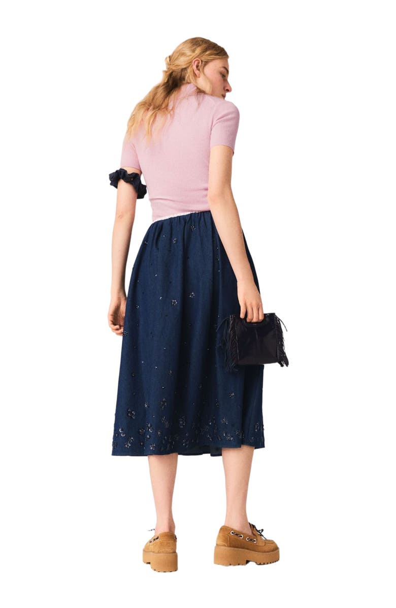 maje Embroidered denim midi skirt, Alternate, color, Navy