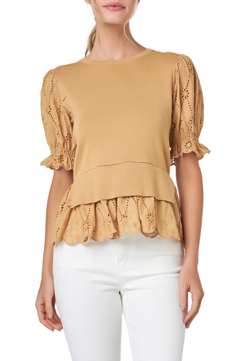 Mixed Media Eyelet Puff Sleeve Peplum Top, Alternate, color, TAN