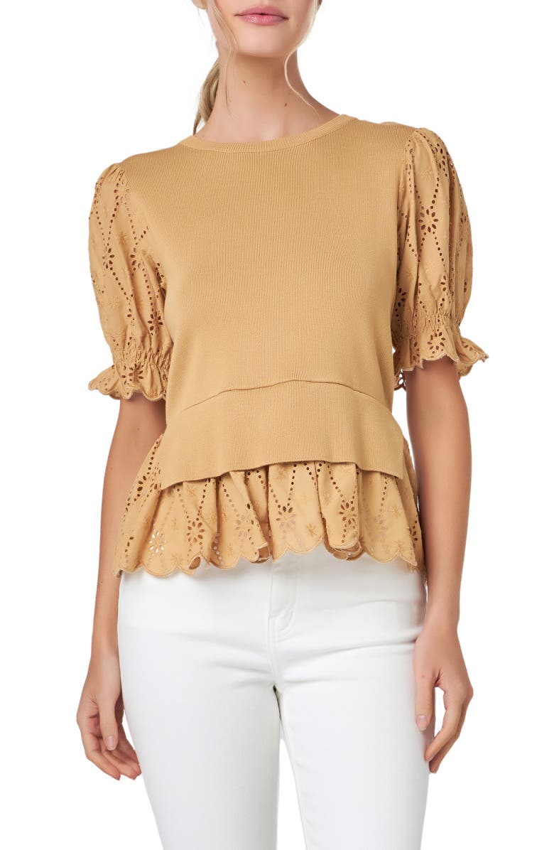 English Factory Mixed Media Eyelet Puff Sleeve Peplum Top, Alternate, color, Tan