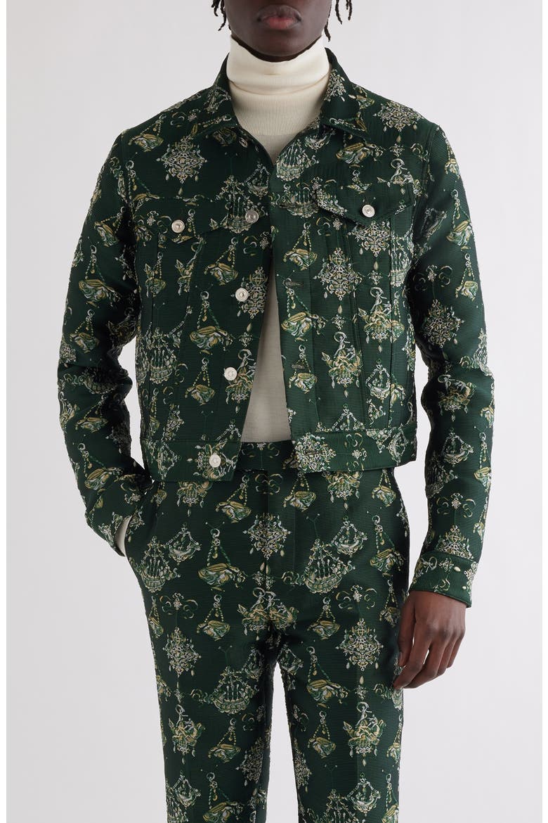 Jacquard Skinny Fit Trucker Jacket, Main, color, DARK GREEN
