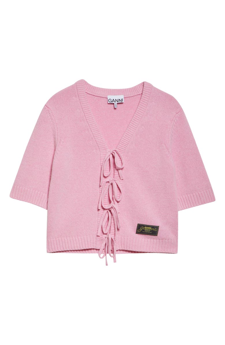 Ganni Tie Front Wool Blend Cardigan, Alternate, color, Primrose Pink