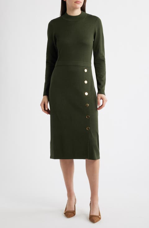 Button Mock Neck Long Sleeve Midi Dress