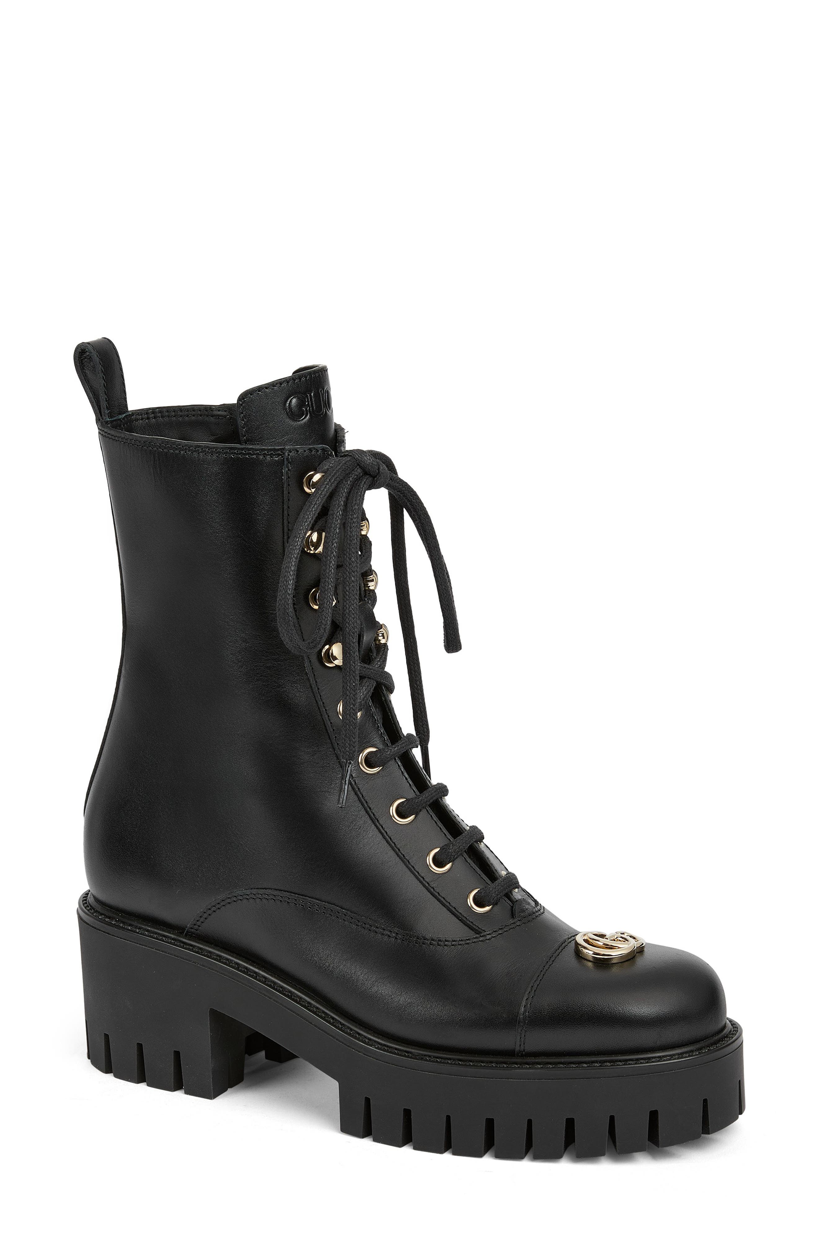 Gucci GG Lug Sole Combat Boot, Main, color, 001 Black/Black