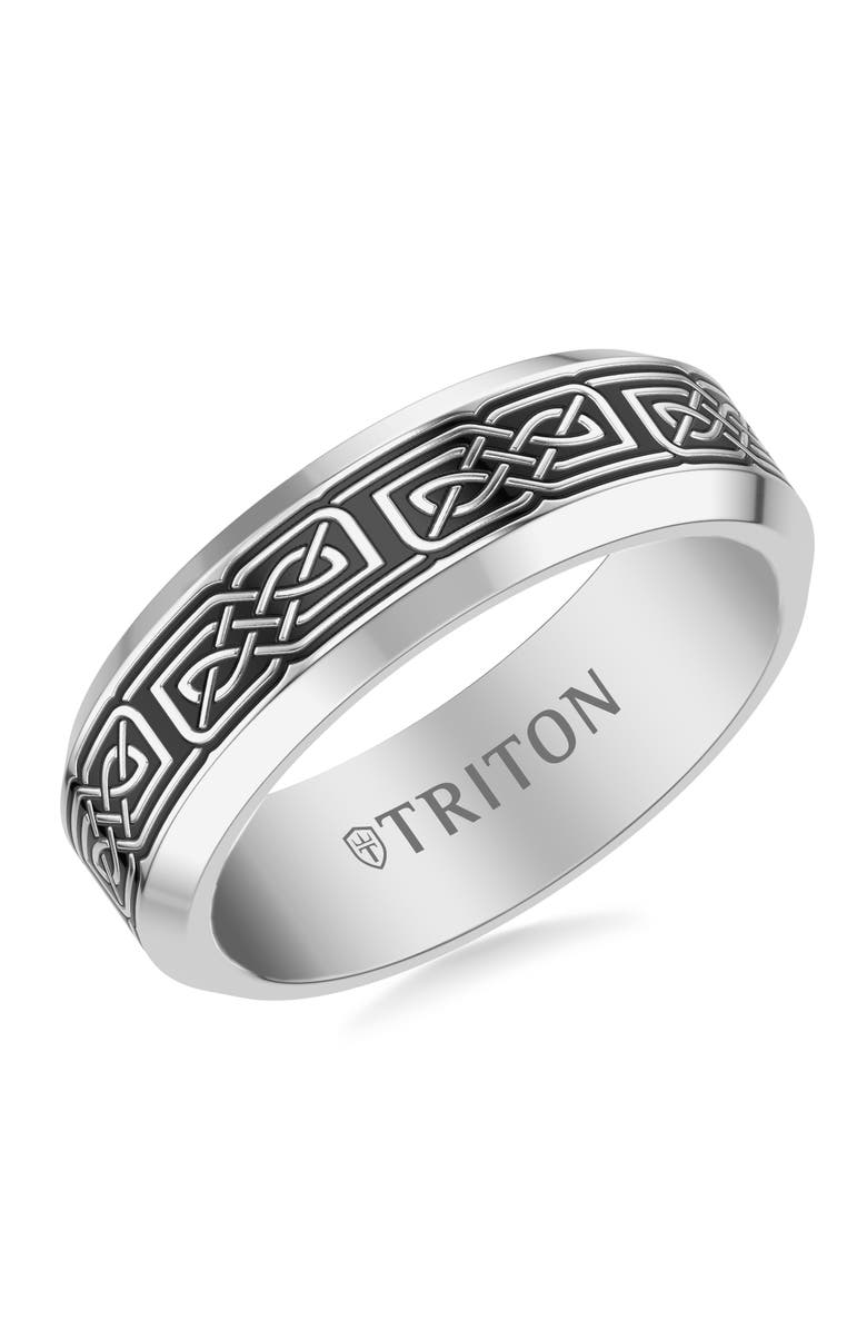 Triton 7MM Contemporary Grey Tungsten Carbide Ring with Black Tungsten Laser Geometric Knot Pattern and Polished Beveled Edge Profile, Main, color, 