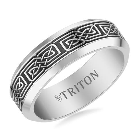 7MM Contemporary Grey Tungsten Carbide Ring with Black Tungsten Laser Geometric Knot Pattern and Polished Beveled Edge Profile