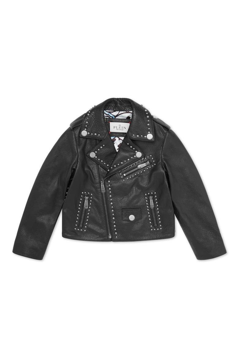 Leather Biker Jacket Smile Girl, Main, color, black