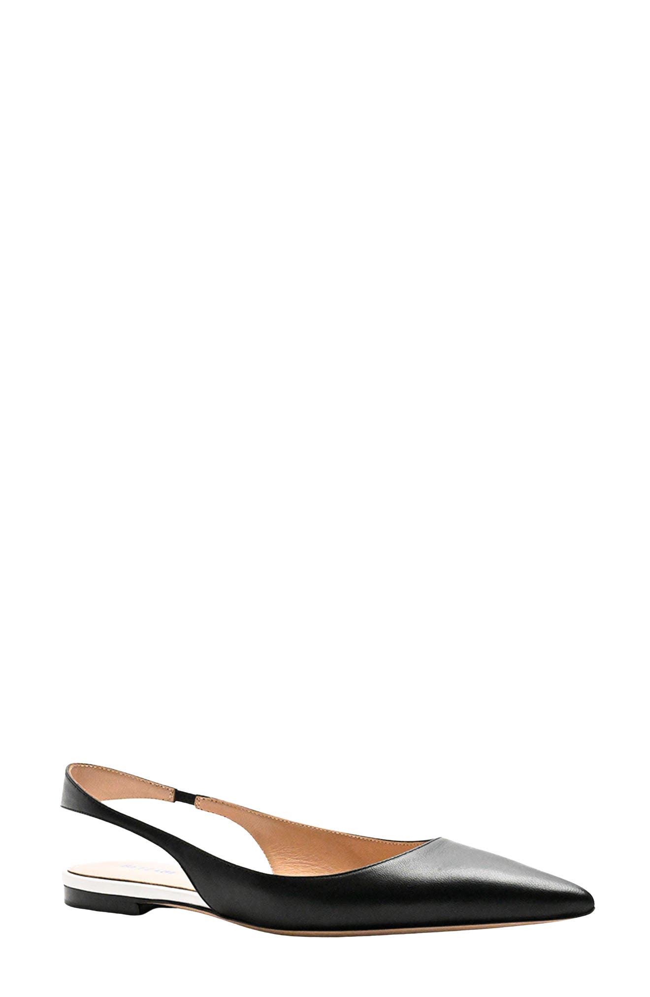 BETZÁBE Ana Pointed Toe Slingback Flat, Main, color, Black Nappa White Detail