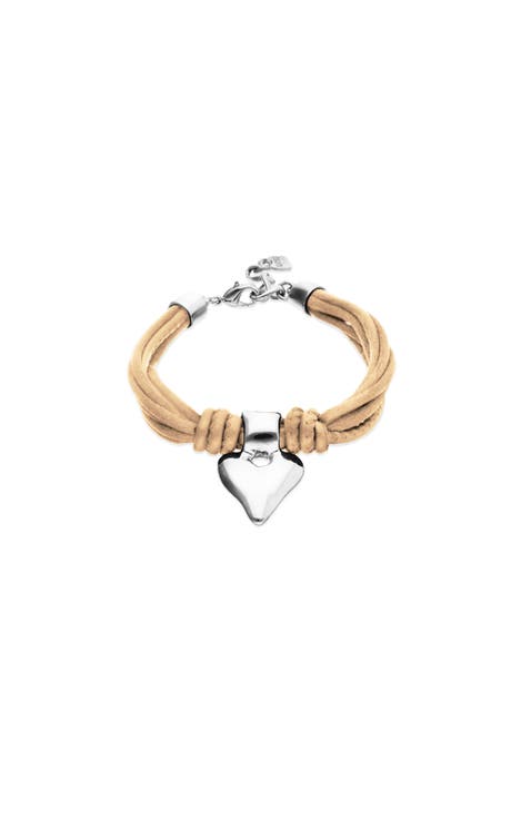 Silk-Effect Thread Blend Bracelet with Beige Leather and Silver Heart Detail