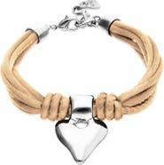 UNODE50 Silk-Effect Thread Blend Bracelet with Beige Leather and Silver Heart Detail