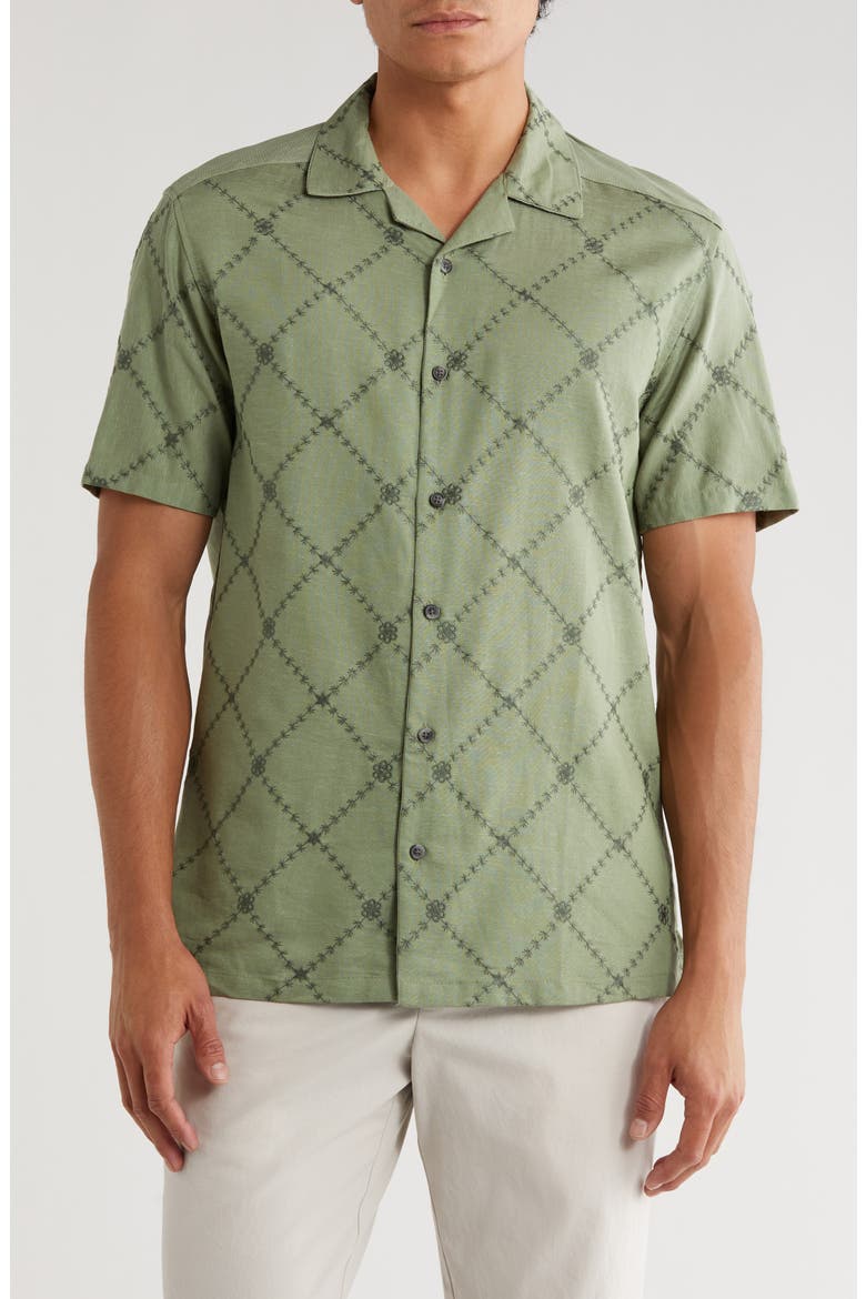 Floral Diamond Embroidered Camp Shirt, Main, color, CELEDON