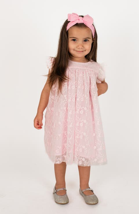 Embroidered Mesh Flutter Sleeve Dress (Baby)