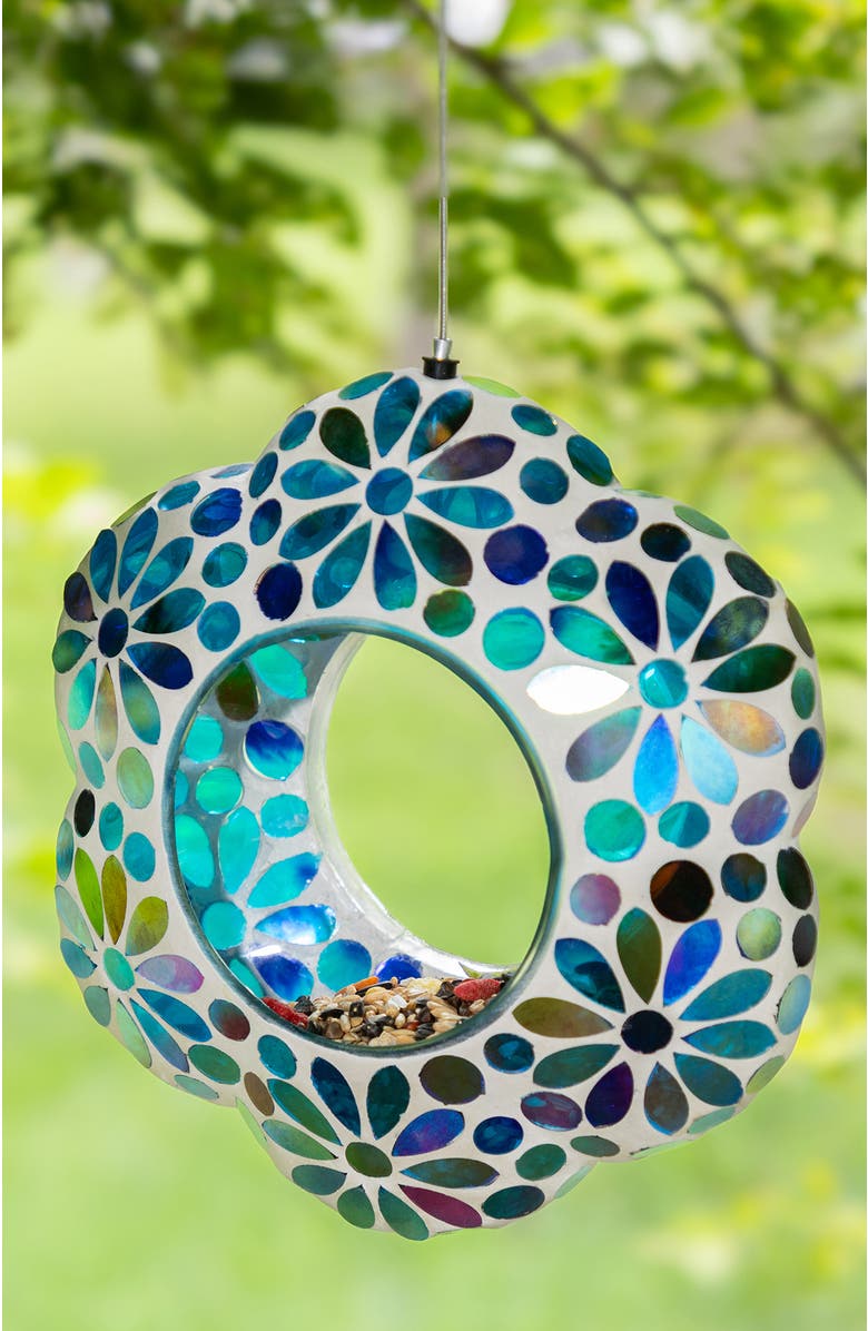 Glitzhome 8.5"D Glass Flower Shaped Hanging Mosaic Birdfeeder, Alternate, color, Blue