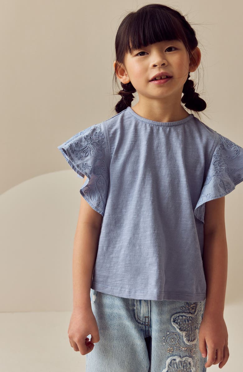 NEXT Kids' Embroidered Flutter Sleeve Cotton Top, Alternate, color, Blue