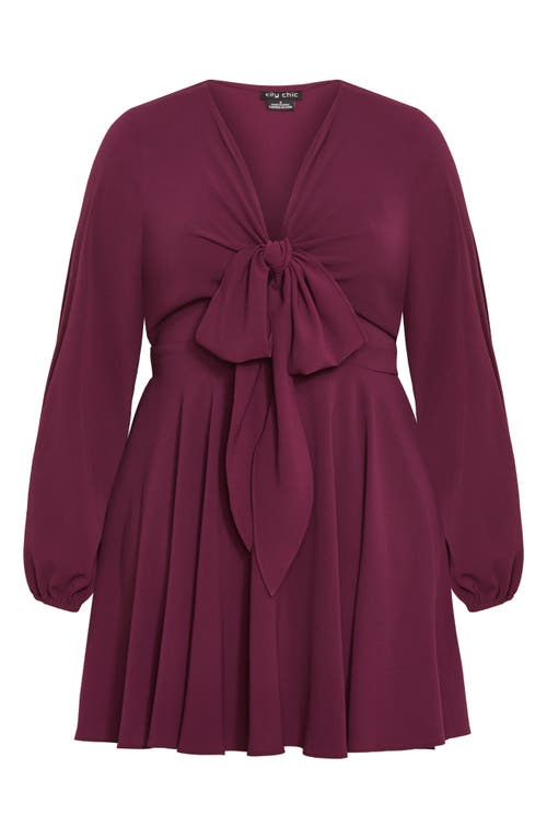 City Chic Ellie Tie Neck Long Sleeve Minidress In Purple