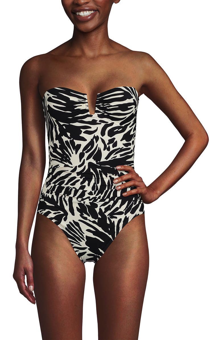 Lands' End Slender Suit Tummy Control U-Wire Bandeau One Piece Swimsuit, Main, color, Black/Egret White Leaf Scroll