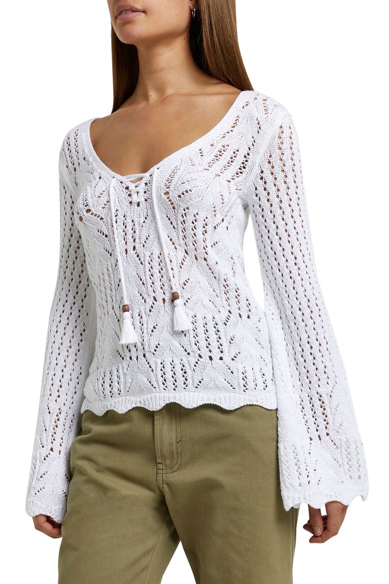 Crochet Lace-Up Cotton Sweater, Main, color, CREAM