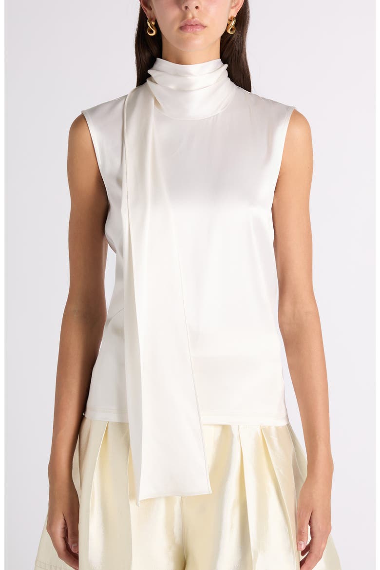 Scarf Detail Stretch Silk Satin Top, Alternate, color, 9000 WHITE
