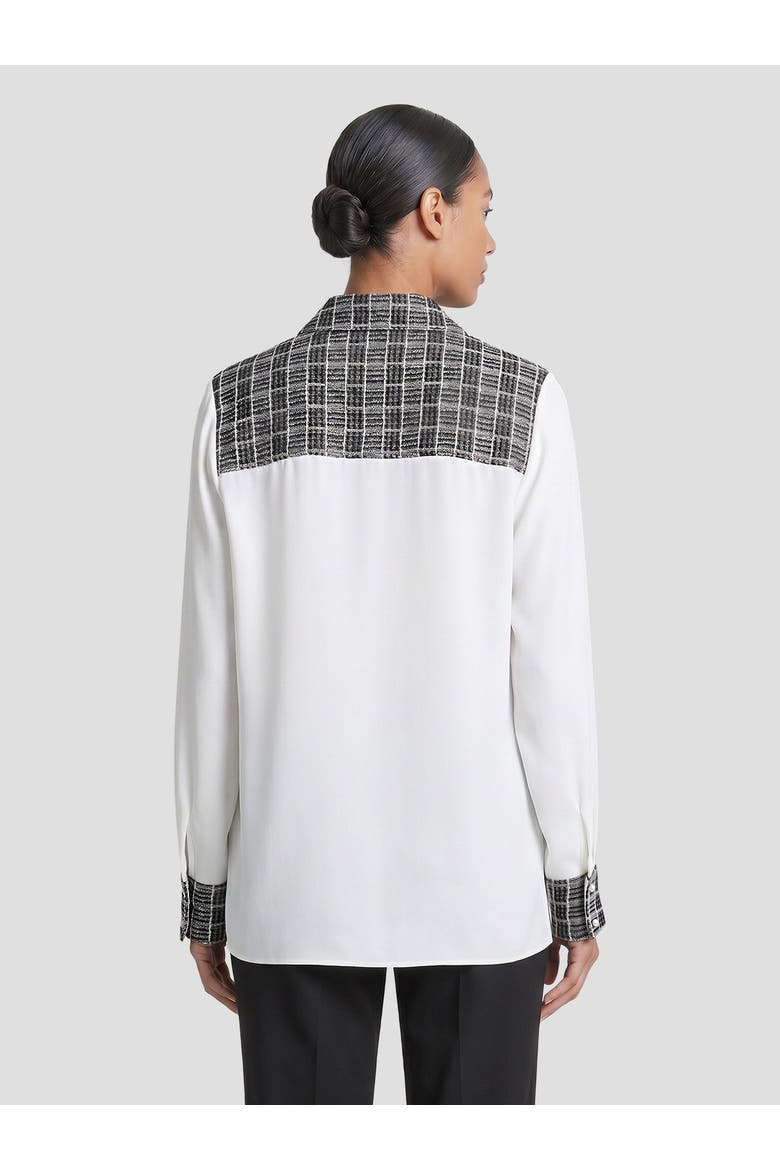 Mixed Media Plaid Crepe de Chine Blouse, Alternate, color, White/Black