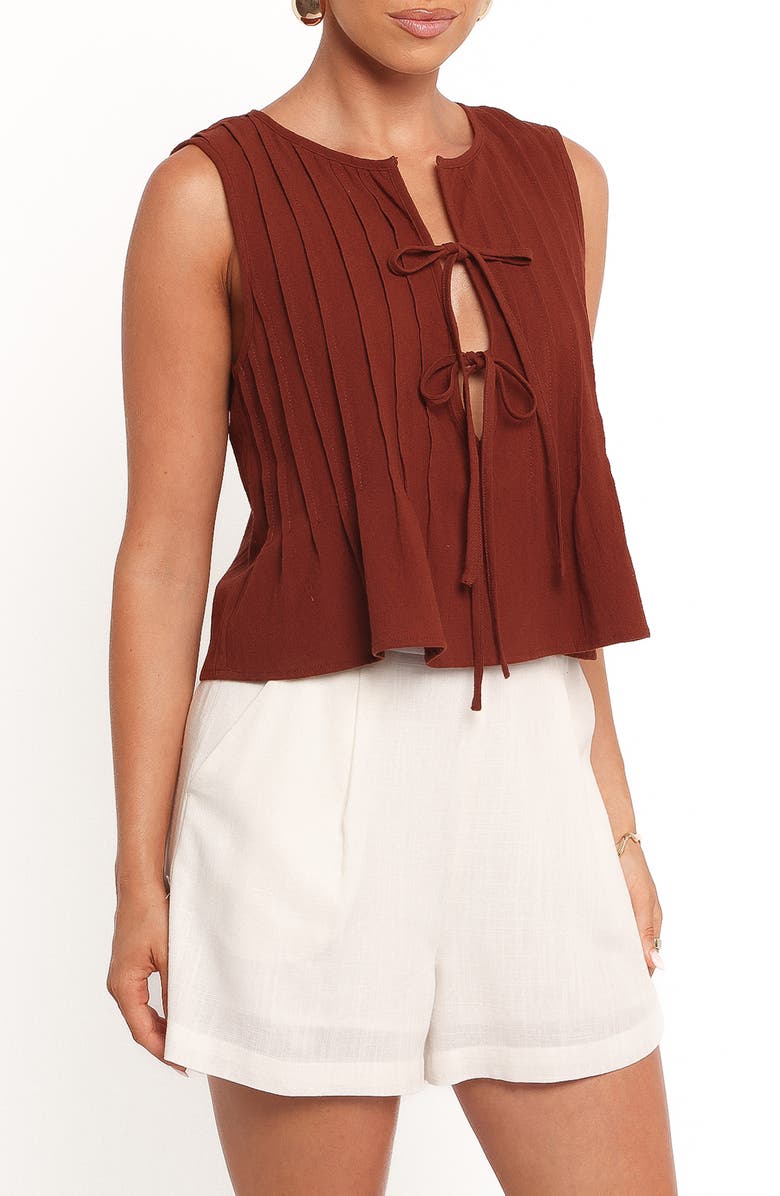 Petal & Pup Nika Pleated Tie Front Cotton Top, Alternate, color, Chocolate Brown