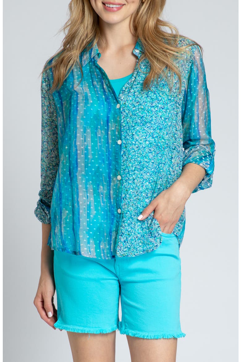 Print Roll-Up Sleeve Chiffon Button-Up Shirt, Main, color, TURQUOISE