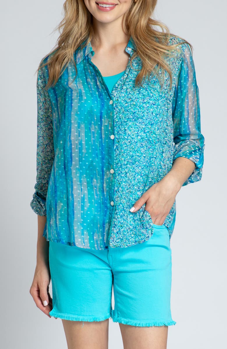 APNY Print Roll-Up Sleeve Chiffon Button-Up Shirt, Main, color, Turquoise