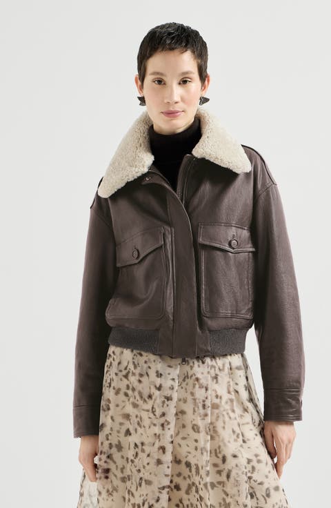 Polished nappa leather aviator jacket with detachable shearling collar and monili