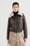 Brunello Cucinelli Polished nappa leather aviator jacket with detachable shearling collar and monili