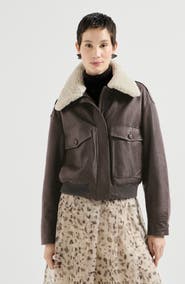 Brunello Cucinelli Polished nappa leather aviator jacket with detachable shearling collar and monili