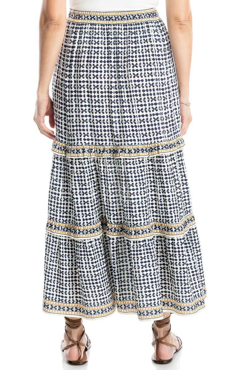 MAX STUDIO Ruffle Tiered Midi Skirt, Alternate, color, Natural Blues Ikat Stamp