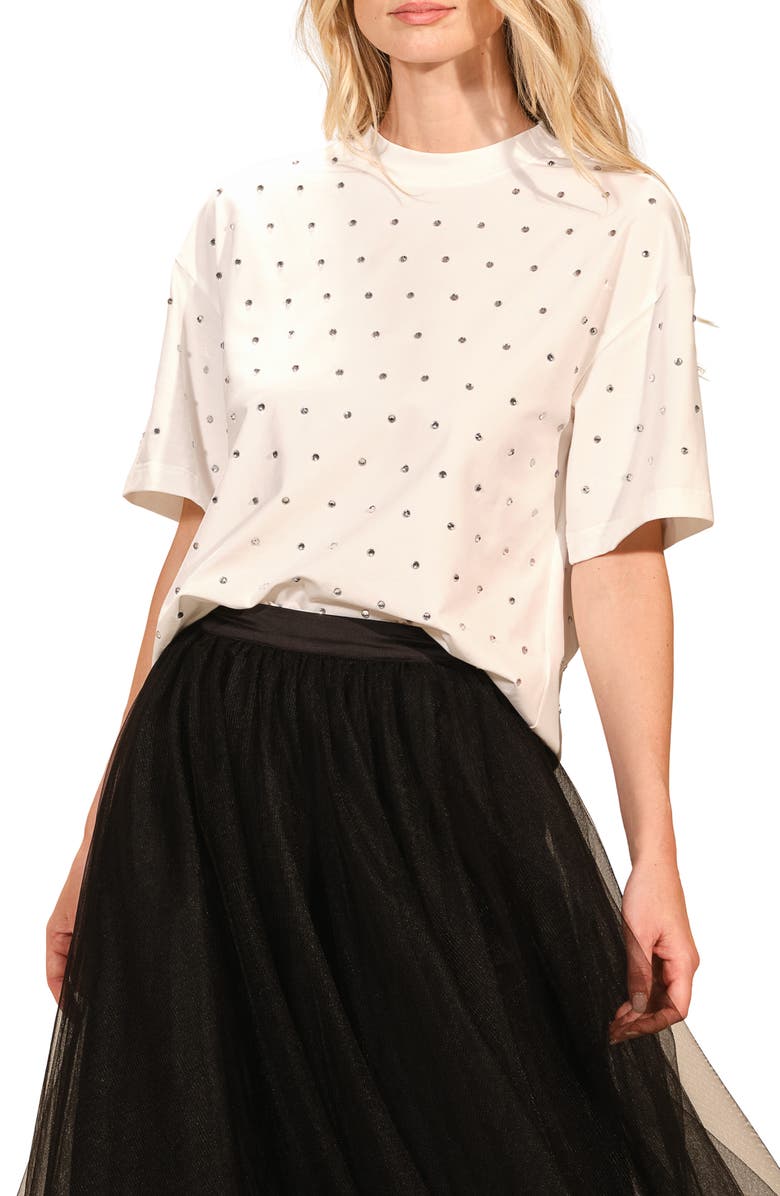 Isaac Mizrahi New York Rhinestone Stretch Cotton T-Shirt, Main, color, White