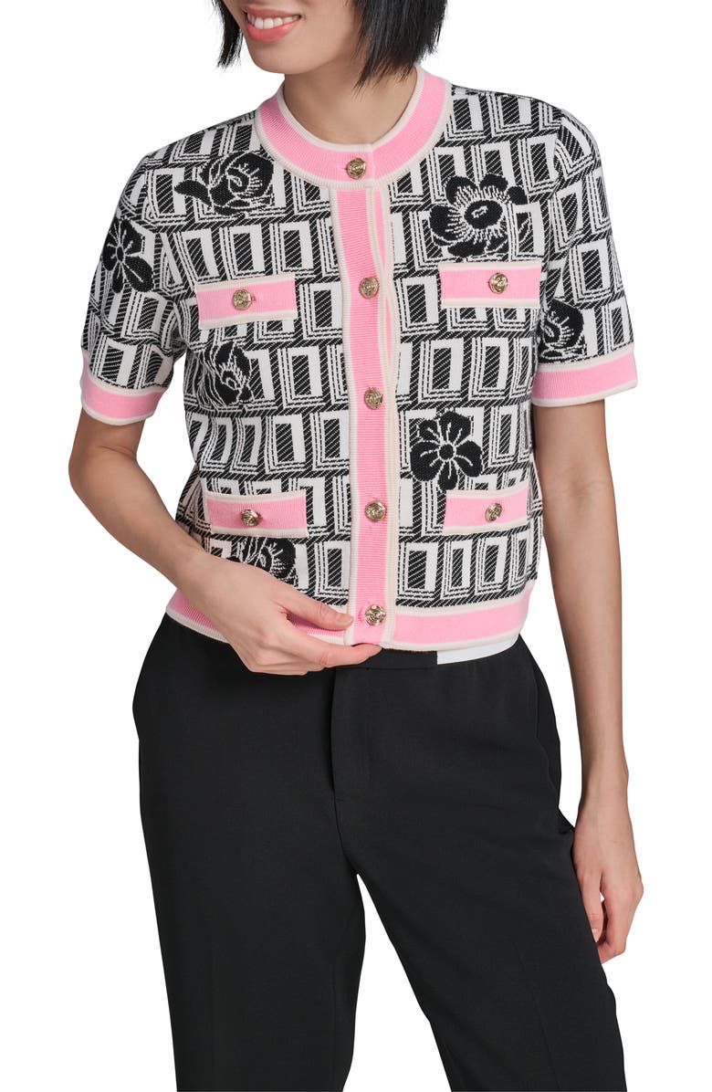 KARL LAGERFELD PARIS Print Short Sleeve Cardigan, Main, color, 