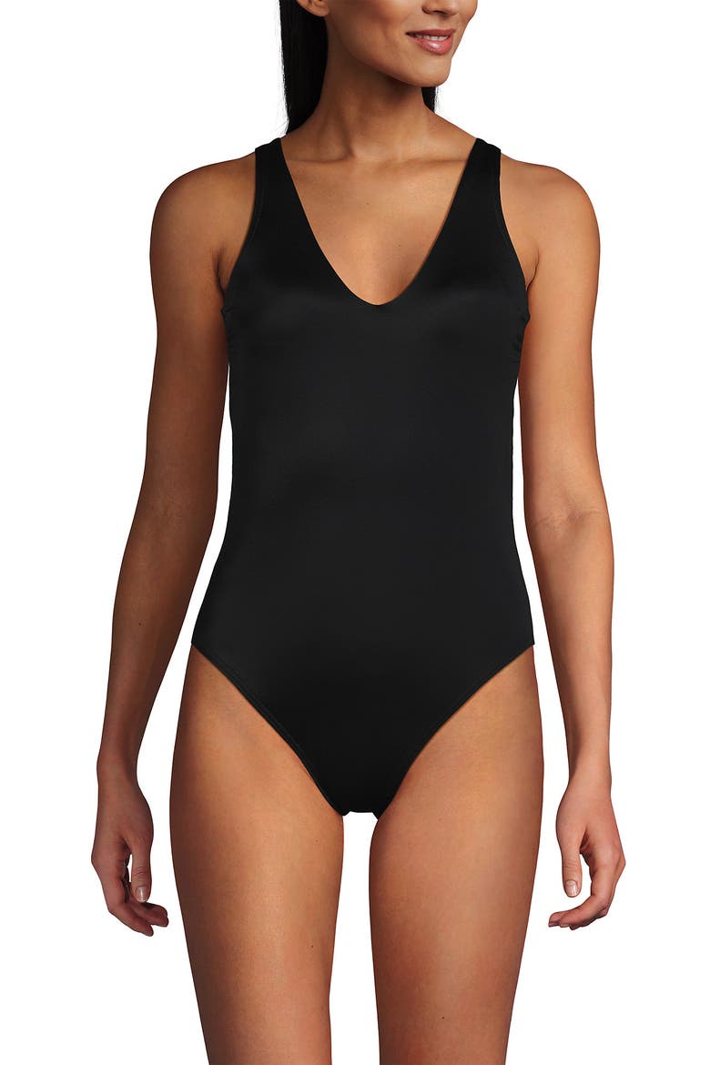 Tugless V-Neck High Leg One Piece Swimsuit, Alternate, color, Black