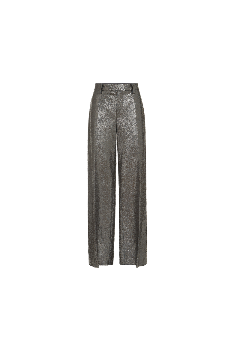 Dazzling texture embroidery loose flared trousers in virgin wool flannel, Alternate, color, Dark Grey