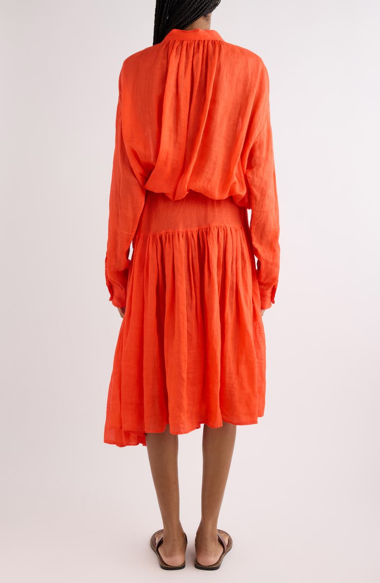 Dries Van Noten Long Sleeve Ramie Mousseline Split Neck Dress, Alternate, color, Red