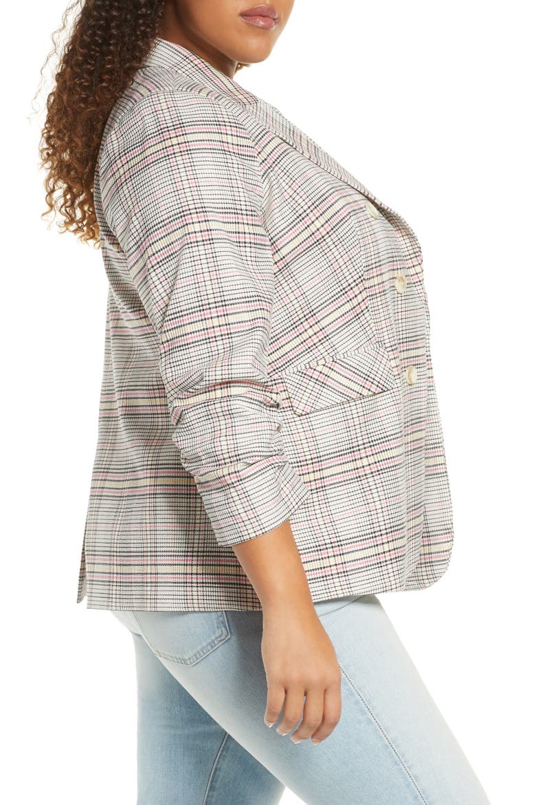 Cassia Ruched Sleeve Plaid Blazer, Alternate, color, CHERRY BLOSSOM