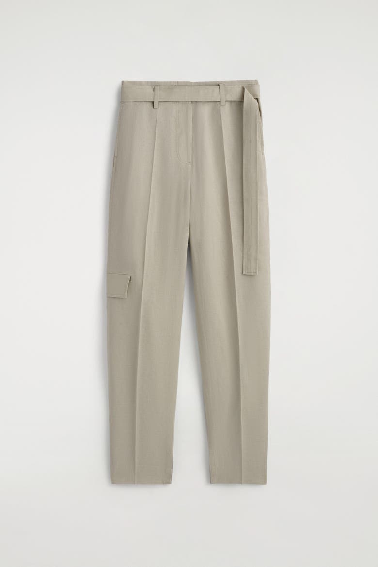 Belted Linen Barrel-Leg Pants, Alternate, color, BEIGE