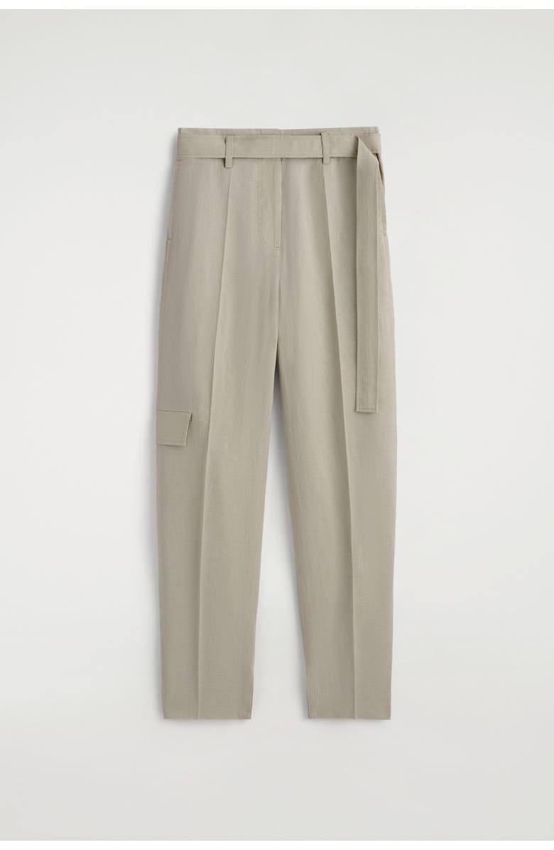 COS Belted Linen Barrel-Leg Pants, Alternate, color, Beige