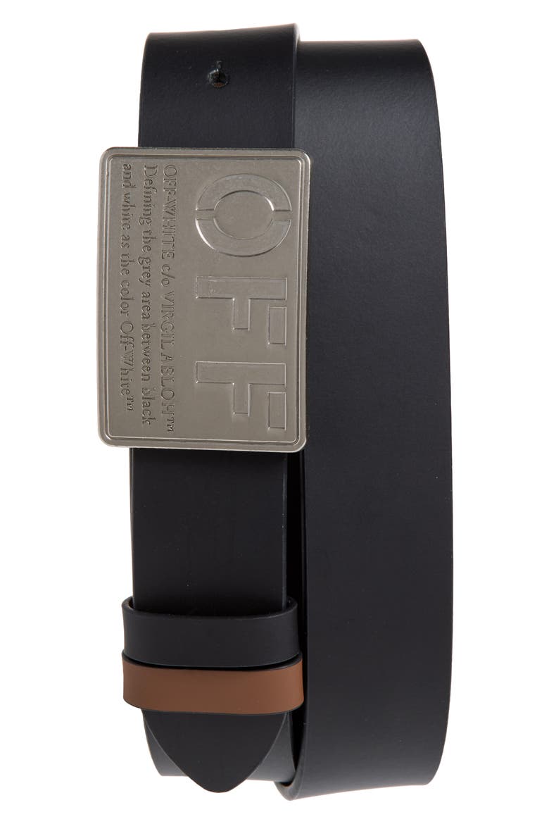Logo Plaque Smooth Leather Belt, Main, color, BLACK