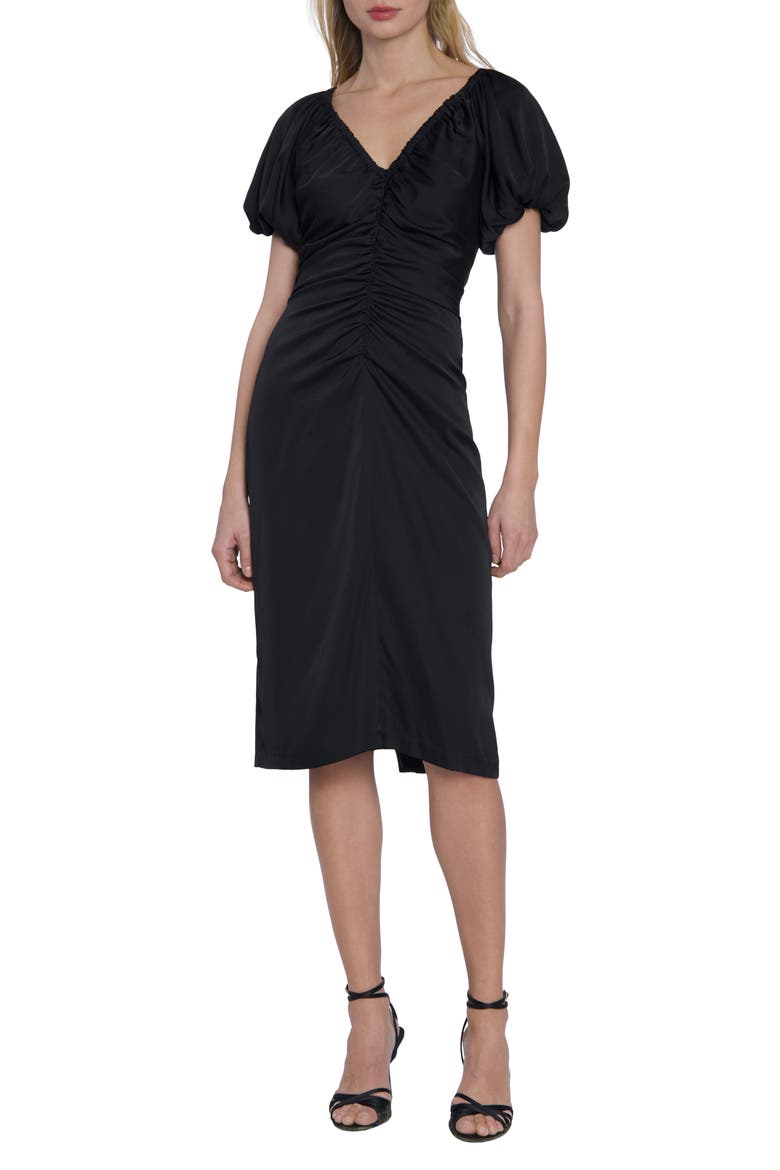 Ruched Puff Sleeve Sheath Dress, Main, color, BLACK