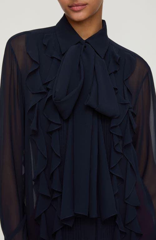 Lafayette 148 New York Ruffle Tie Neck Silk Georgette Shirt In Blue