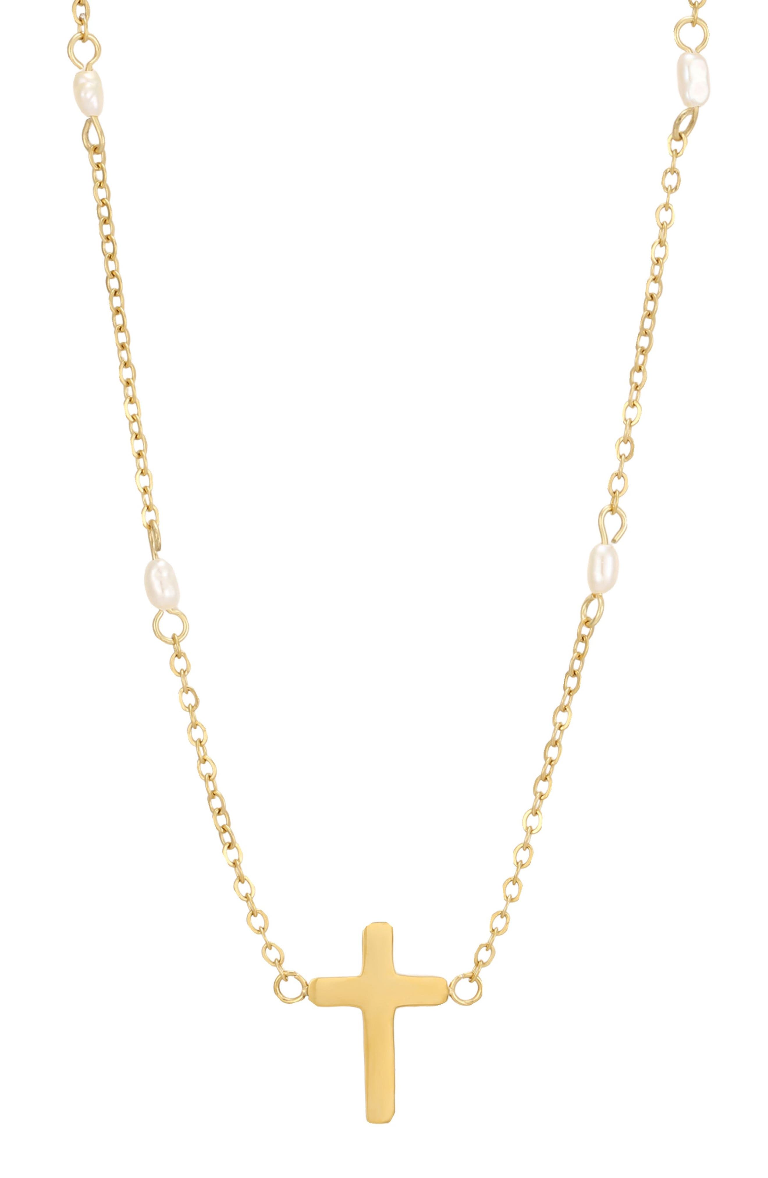 18k Gold Plated Imitation Pearl Cross Necklace