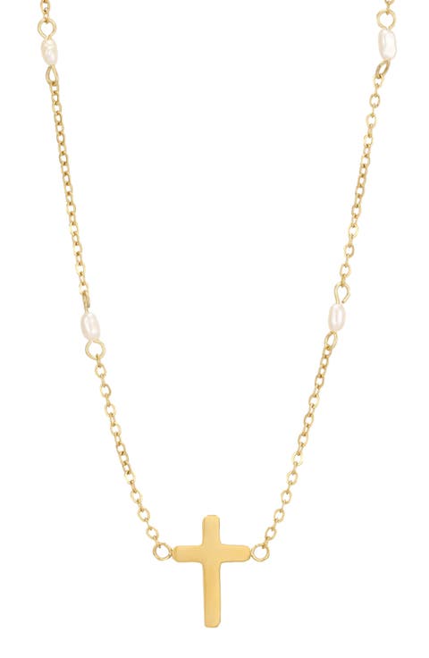 18k Gold Plated Imitation Pearl Cross Necklace