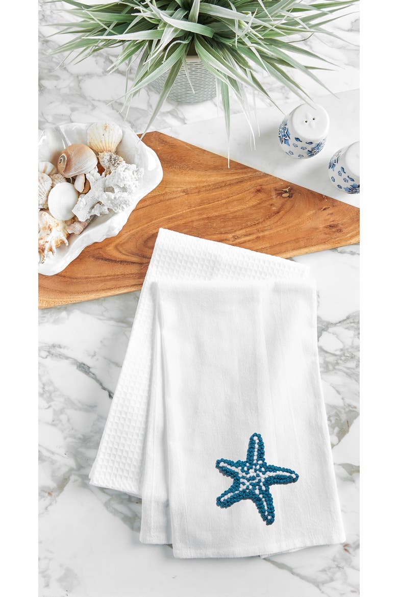 Starfish Flour Sack French Knot Cotton Kitchen Towel, Alternate, color, White