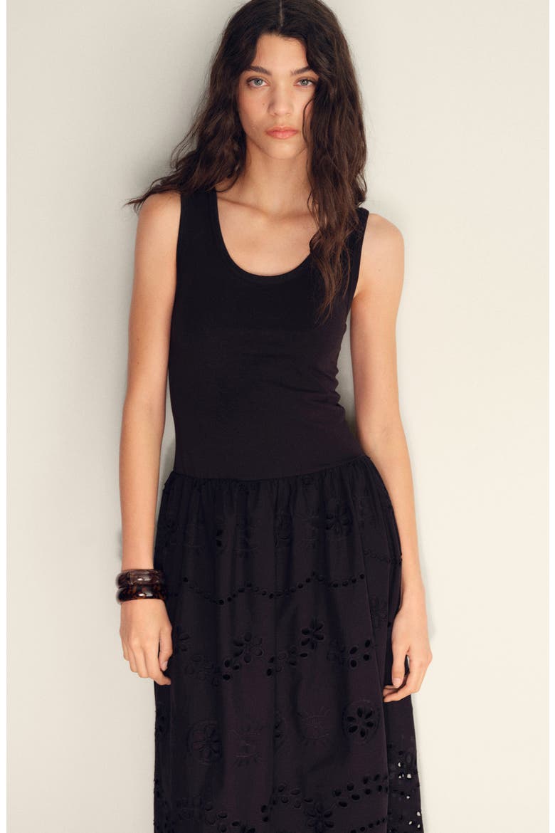 Embroidered Eyelet Detail Mixed Media Cotton Blend Dress, Alternate, color, BLACK