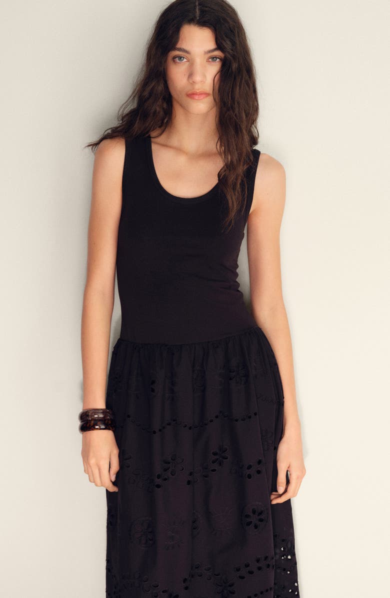 MANGO Embroidered Eyelet Detail Mixed Media Cotton Blend Dress, Alternate, color,